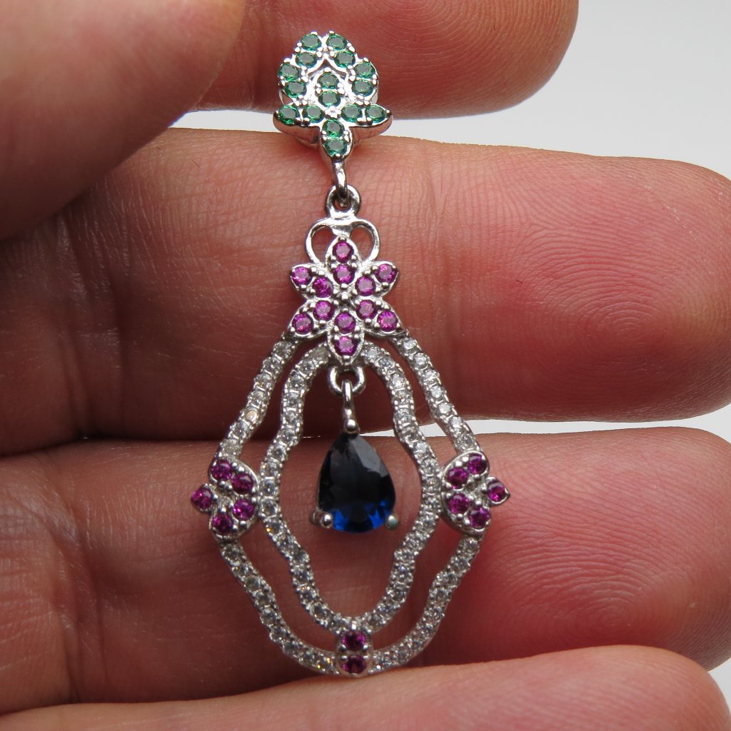Sterling Silver Diamond Sapphire Emerald Pendant 126$